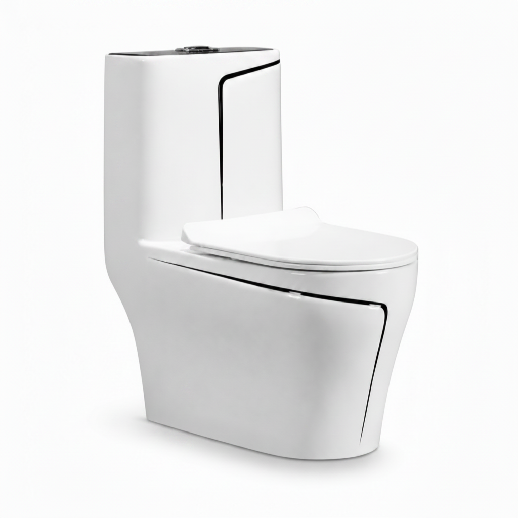 INODORO ONE PIECE ORCHID + TAPA ASIENTO Y ACCES. MINIMALISTA BLANCO C/LINEA NEGRA (690X380X750) - FRATELLI PREMIUM